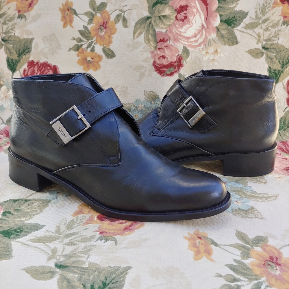 Etienne Aigner Women's Black Leather Ankle Booties with Side Buckle Size 9